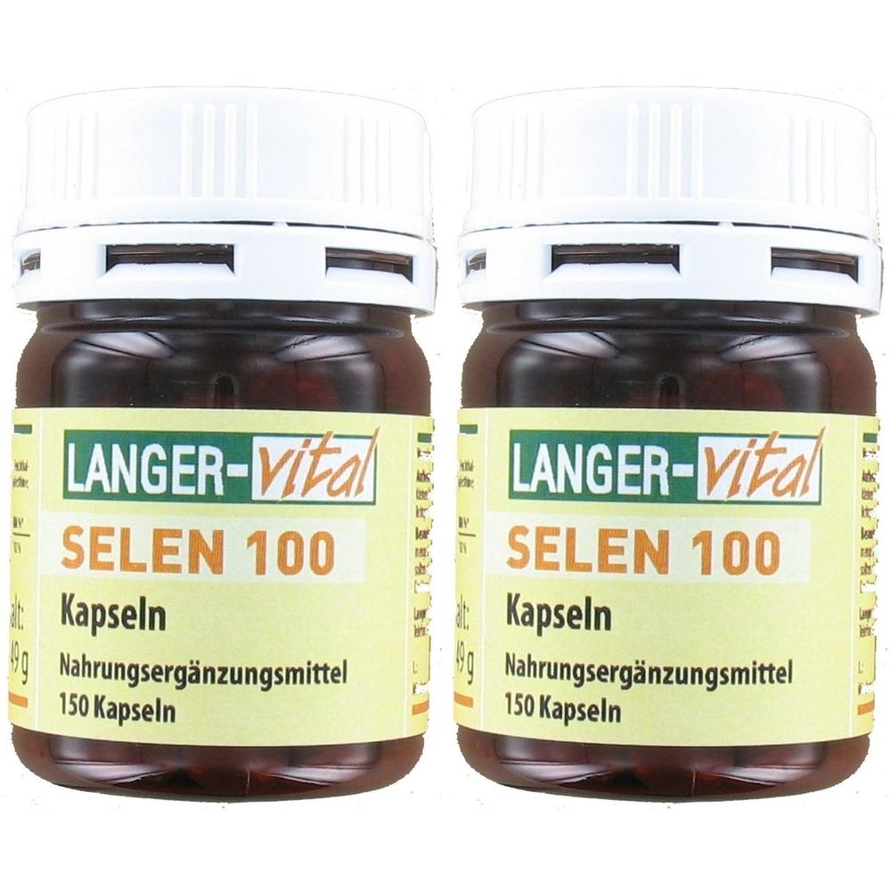 Zwei braune Glasflaschen mit weißen Deckeln. Auf den Etiketten steht: LANGER-Vital SELEN 100 Kapseln, Nahrungsergänzungsmittel, 150 Kapseln.