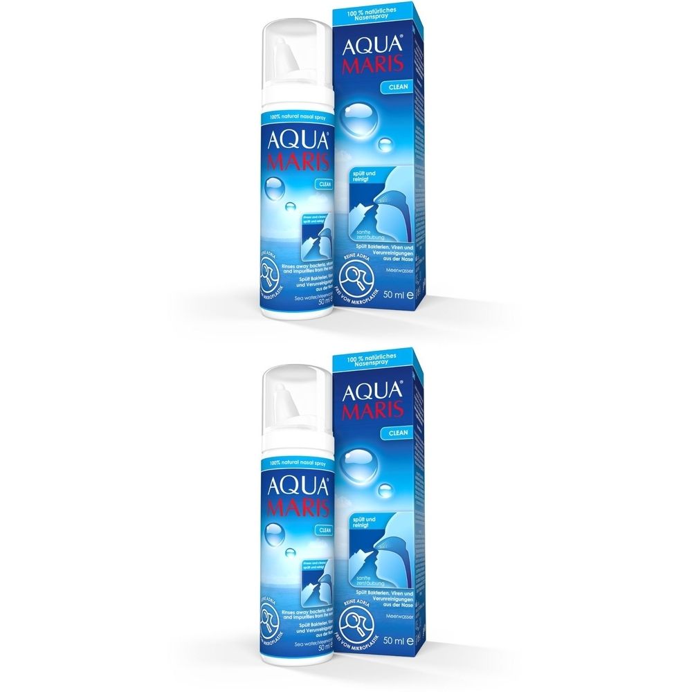 Zwei Flaschen Nasenspray mit Verpackung. Aufschrift: Aqua Maris Clean. Blaue und weiße Verpackung mit Produktabbildung und Logo.
