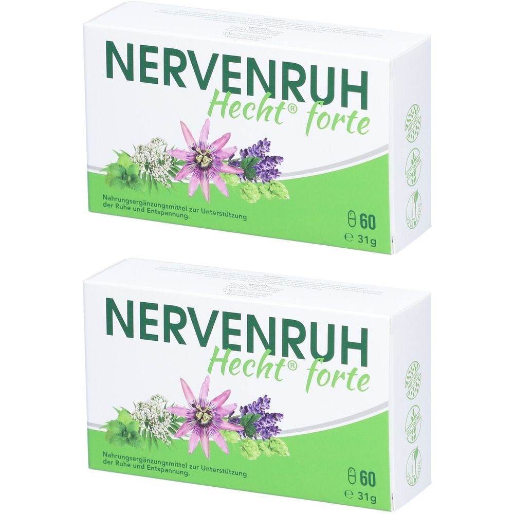 Zwei weiße Schachteln mit grünem Akzent. Aufschrift NERVENRUH Hecht® forte. Mit floralem Design und der Angabe 60 Kapseln.