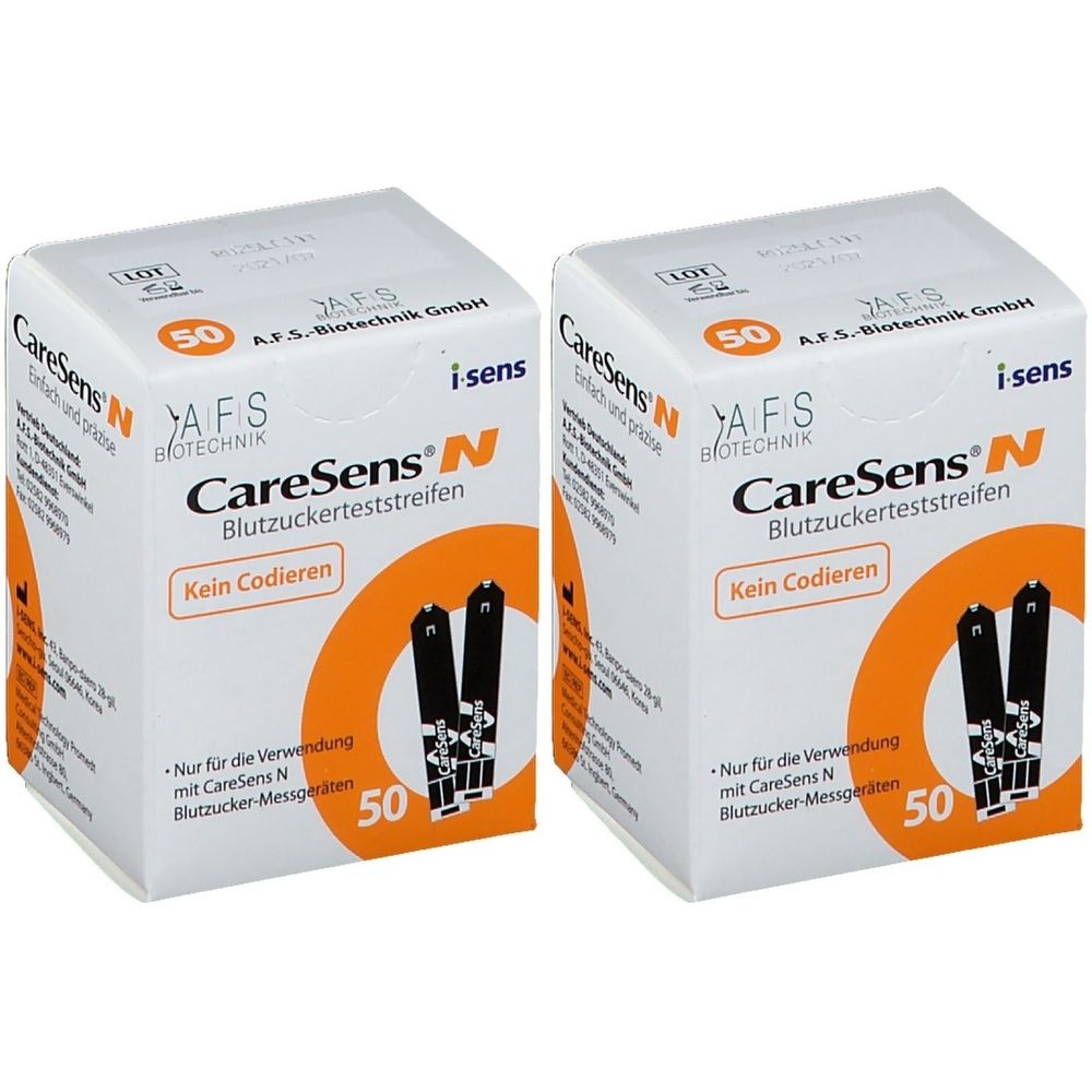 Zwei weiße Kartons mit Aufdruck. Aufschrift: CareSens N Blutzuckerteststreifen. Orangefarbener Kreis mit Abbildung von Teststreifen. 50 Stück.