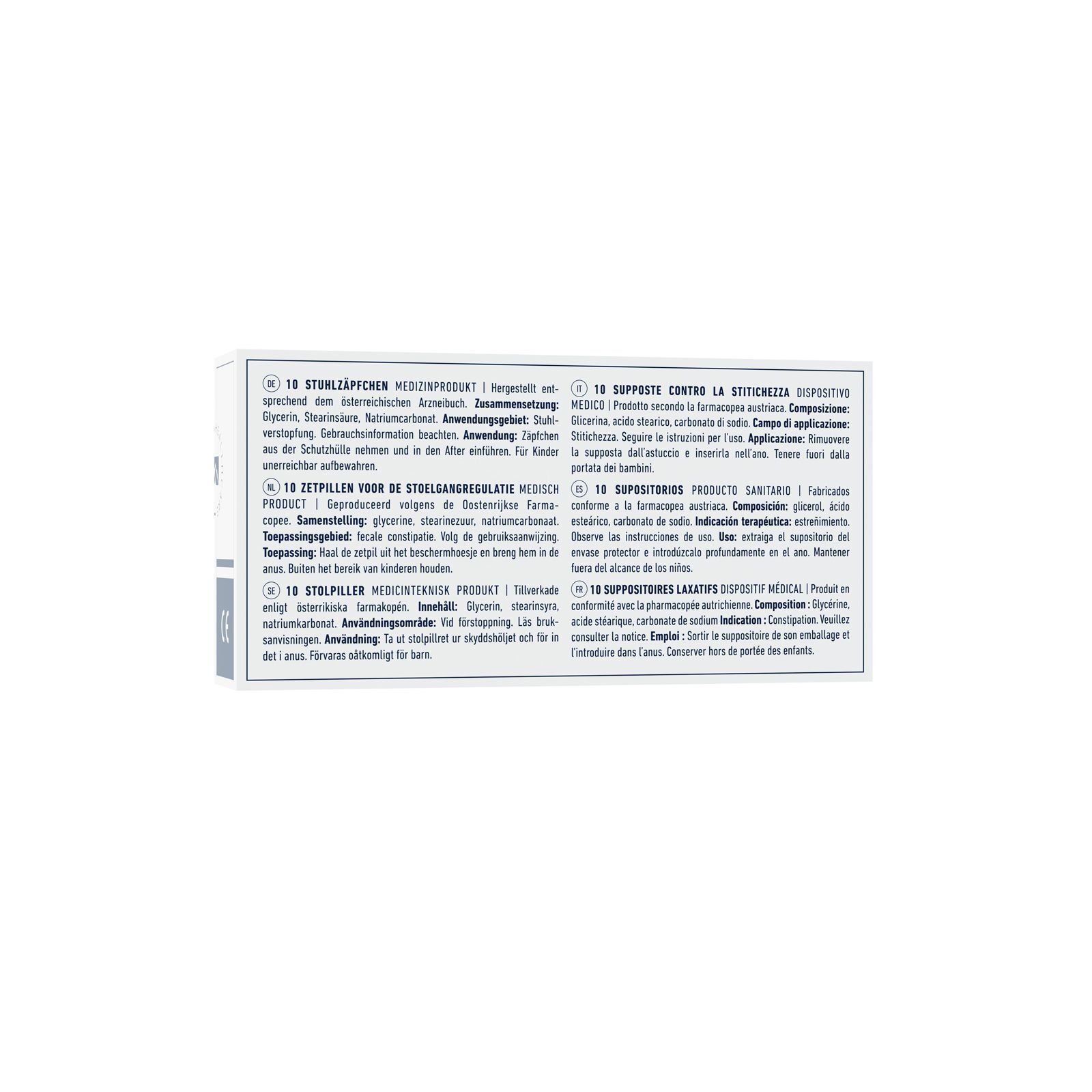 Rückseite einer Packung Glycerin Zäpfchen Rösch 1g mit mehrsprachigen Produktinformationen.