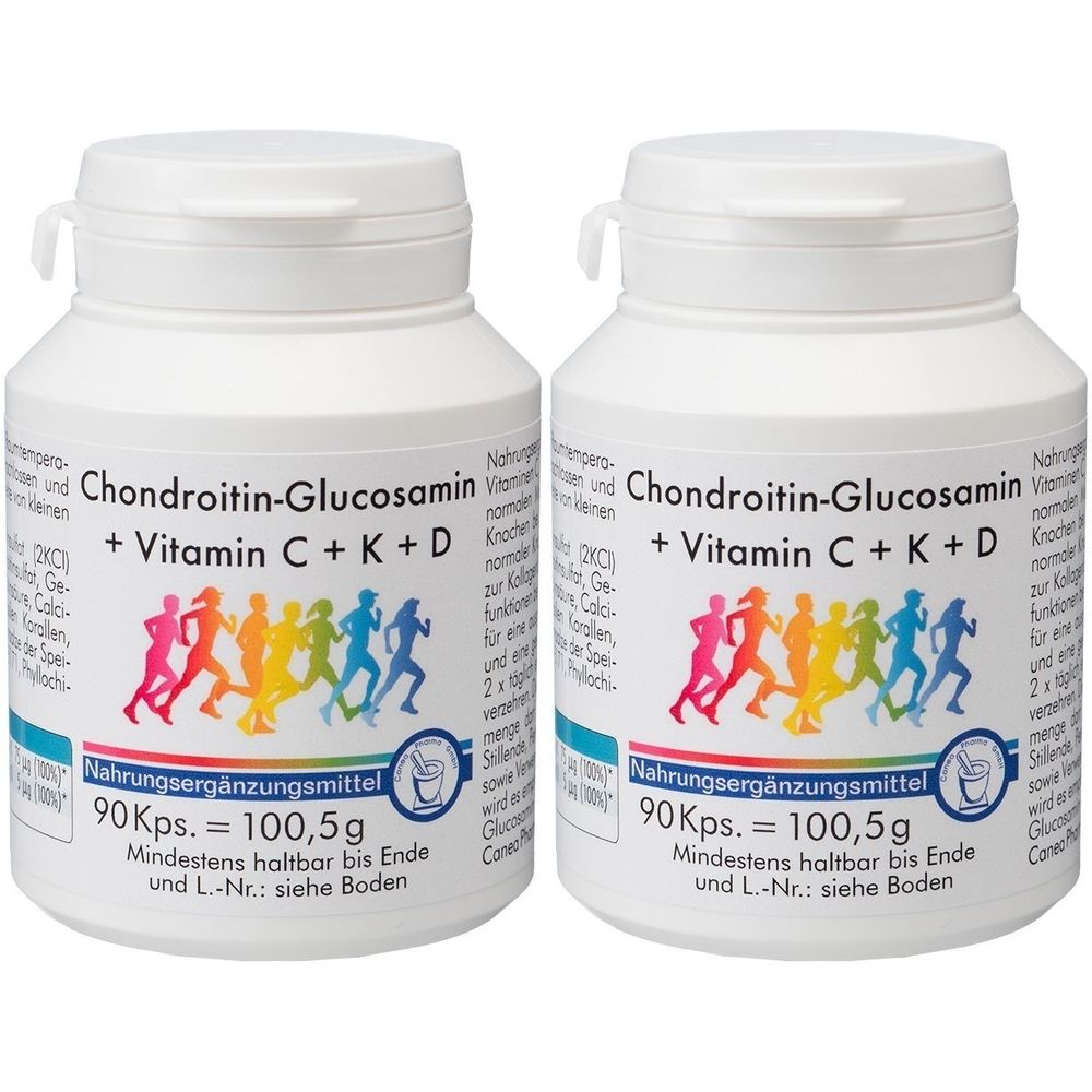 Zwei weiße Pillendosen mit Deckel. Aufschrift: Chondroitin-Glucosamin + Vitamin C + K + D. Aufkleber mit Läufern. 90 Kps. = 100,5g.