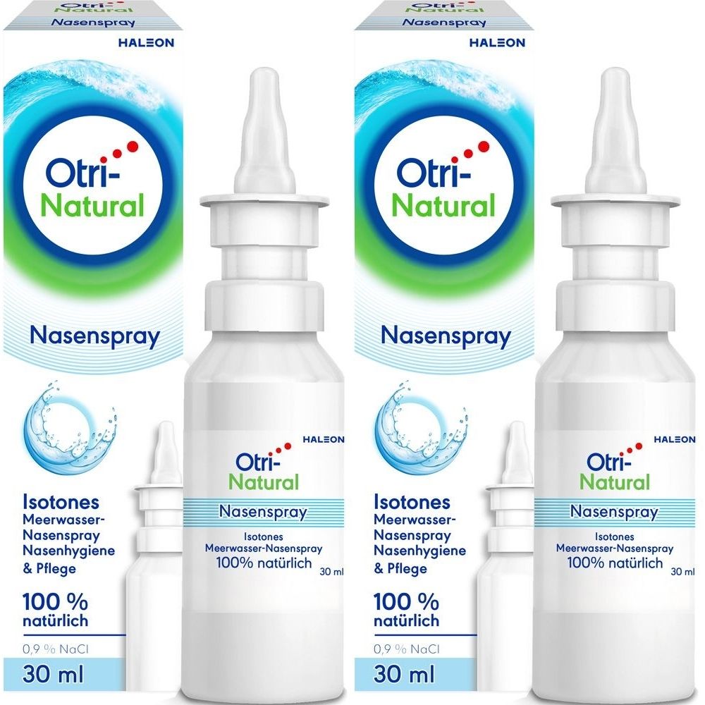 Mehrere Flaschen Nasenspray mit Sprühaufsatz. Aufschrift: Otri-Natural Nasenspray, Meerwasser-Nasenspray, 100% natürlich, 0,9% NaCl.