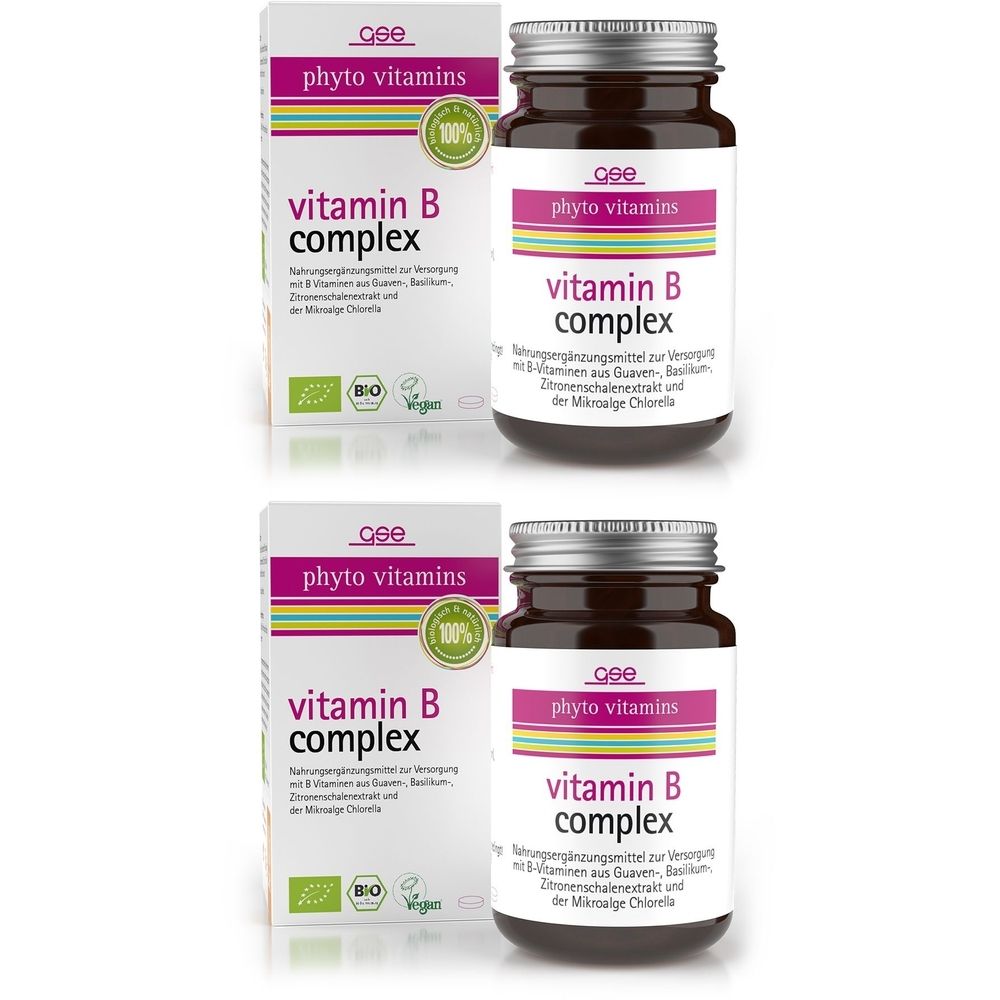 Zwei Flaschen und Schachteln mit Vitamin B Complex. Aufschrift: phyto vitamins, Vitamin B complex. Bio- und Vegan-Siegel.