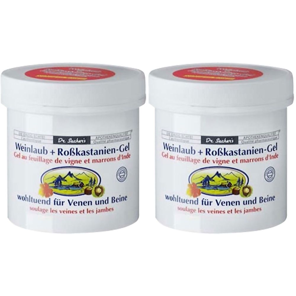 Zwei weiße Tiegel mit rotem Deckel. Aufschrift: Weinlaub + Roßkastanien-Gel. Logo mit Berglandschaft. Text in Deutsch und Französisch.