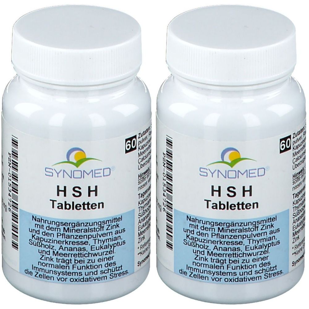 Zwei weiße Flaschen mit Schraubverschluss. Aufschrift: SYNOMED HSH Tabletten. Blaue und gelbe Logos. 60 Tabletten.