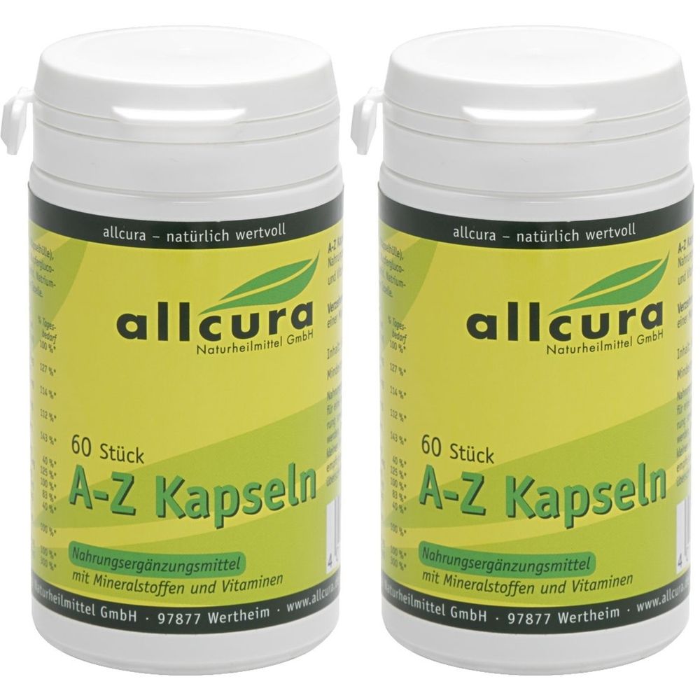 Zwei weiße Behälter mit Deckel. Aufschrift: allcura A-Z Kapseln. Gelbes Etikett mit grünen Elementen. 60 Stück.