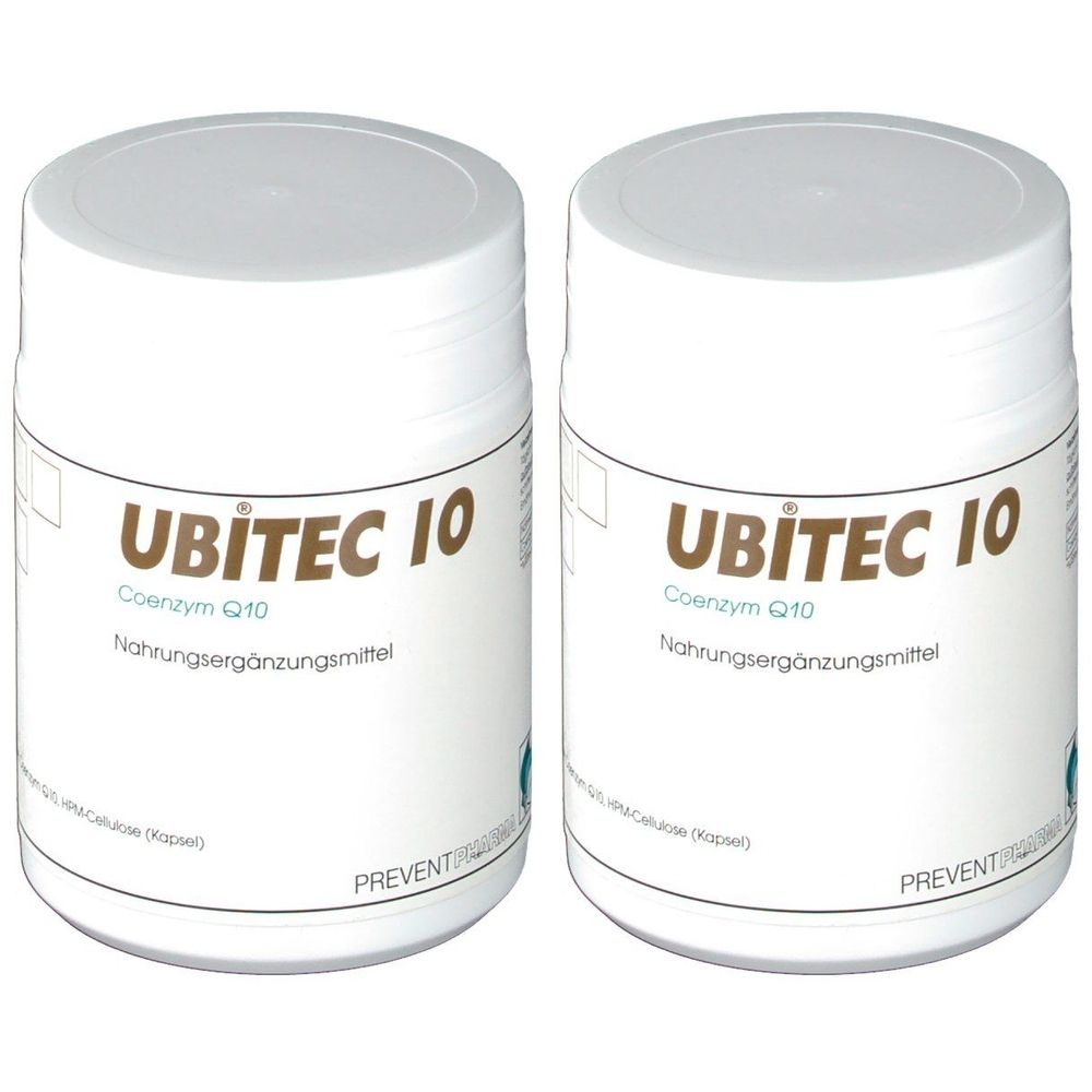 Zwei weiße Behälter mit Deckel. Aufschrift: UBITEC 10, Coenzym Q10, Nahrungsergänzungsmittel. PREVENT-Logo.