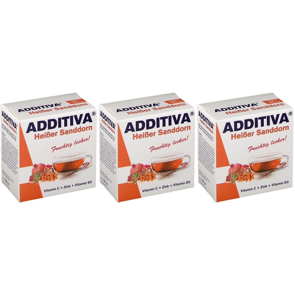 Drei Kartons ADDITIVA Heißer Sanddorn. Weiße Verpackung mit Produktname, Abbildung einer Tasse Tee und Sanddornbeeren. Enthält Vitamin C, Zink, Vitamin D3.