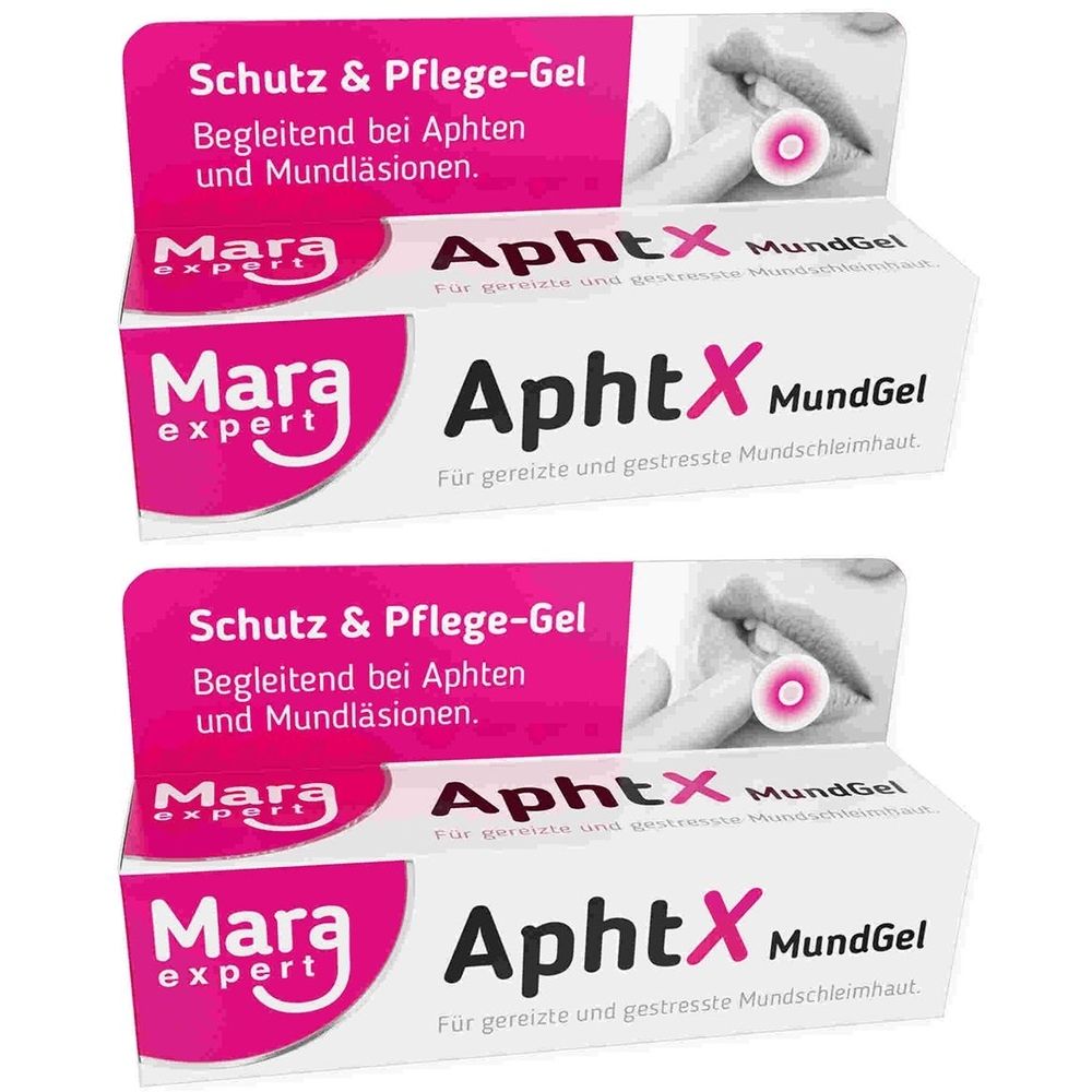 Zwei Tuben Mara expert AphtX MundGel. Weiße Tuben mit pinkfarbenen Akzenten und Produktnamen. Text: Schutz & Pflege-Gel.