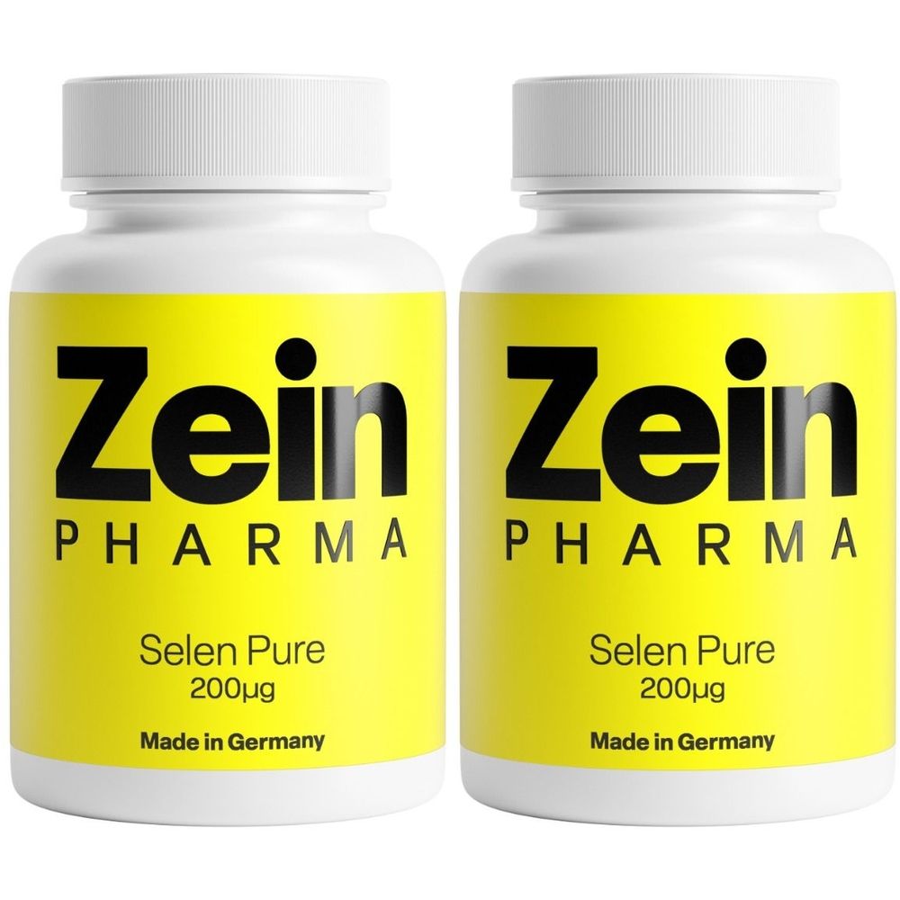 Zwei weiße Flaschen mit gelben Etiketten. Aufschrift: Zein Pharma, Selen Pure, 200µg, Made in Germany.