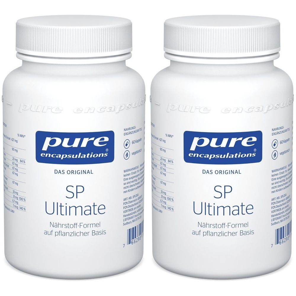 Zwei weiße Flaschen mit Etiketten. Aufschrift: pure encapsulations® SP Ultimate. Kapseln auf pflanzlicher Basis.
