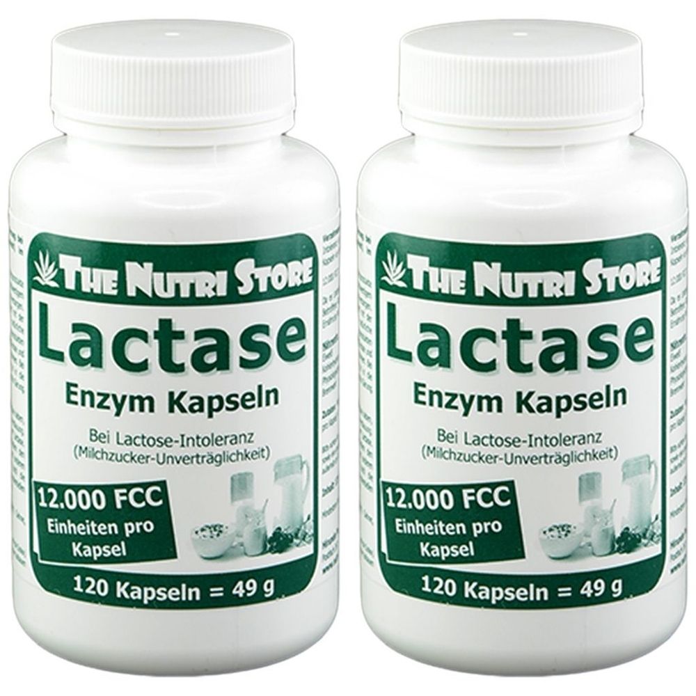 Zwei weiße Flaschen mit grünem Etikett. Aufschrift: Lactase Enzym Kapseln, 12.000 FCC, 120 Kapseln. Marke: The Nutri Store.
