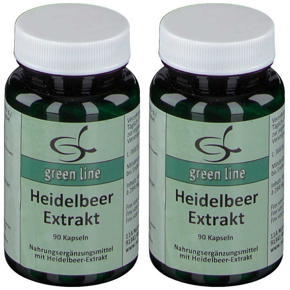 Zwei grüne Flaschen mit weißem Deckel. Aufschrift: green line Heidelbeer Extrakt, 90 Kapseln. Nahrungsergänzungsmittel.