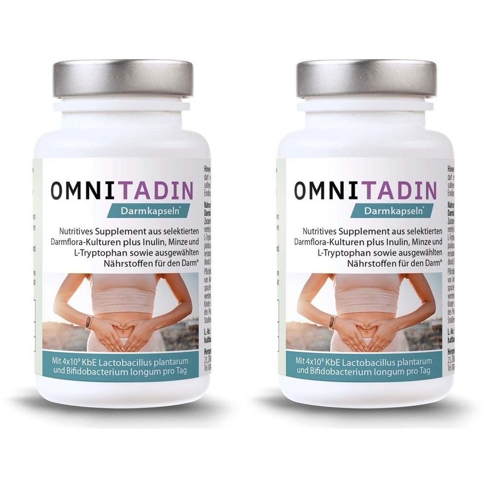 Zwei weiße Flaschen mit silbernen Deckeln. Aufschrift OMNITADIN Darmkapseln. Text: Nährstoffe für den Darm. Abbildung: Hände auf Bauch.