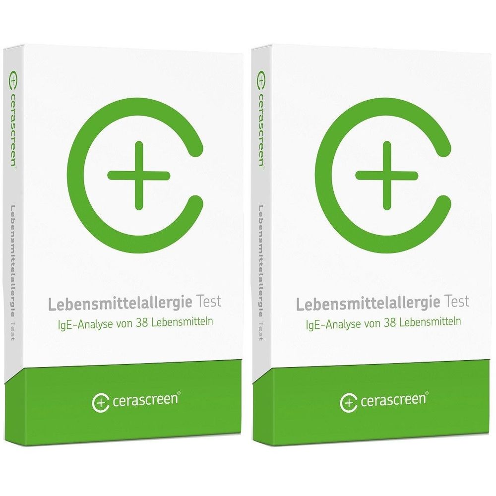 Zwei weiße Kartons mit grünem Logo und Schriftzug. Aufschrift: Lebensmittelallergie Test. Marke: cerascreen.