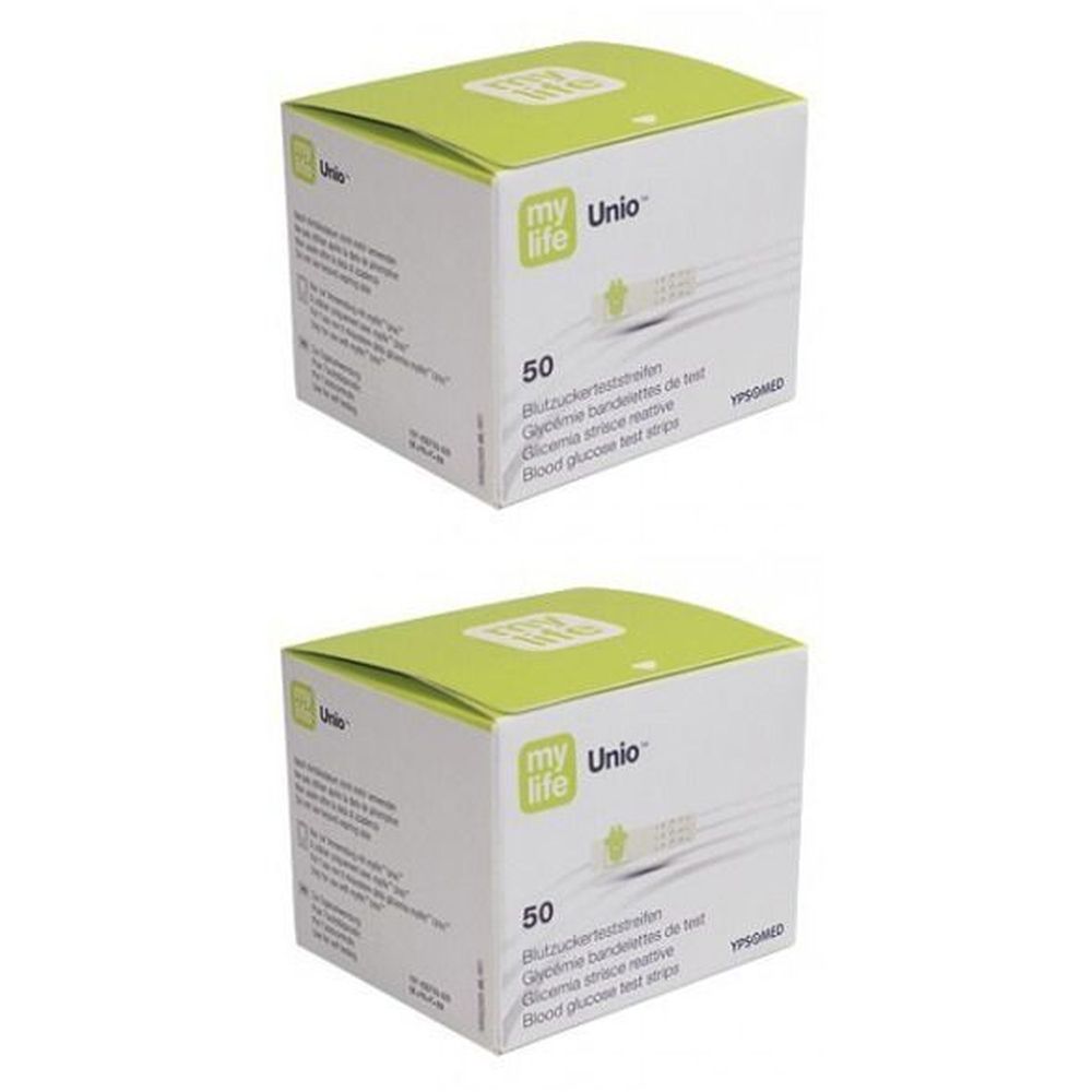 Zwei Schachteln mylife Unio Blutzucker-Teststreifen. Weiße Schachteln mit grünen Deckeln. Aufschrift: 50 Teststreifen.