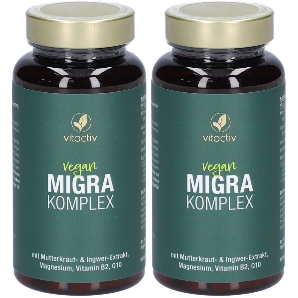 Zwei Flaschen Vitactiv Migra Komplex Kapseln. Braune Glasflaschen mit goldenen Deckeln und grünen Etiketten. Aufschrift: Vegan, Migra Komplex.