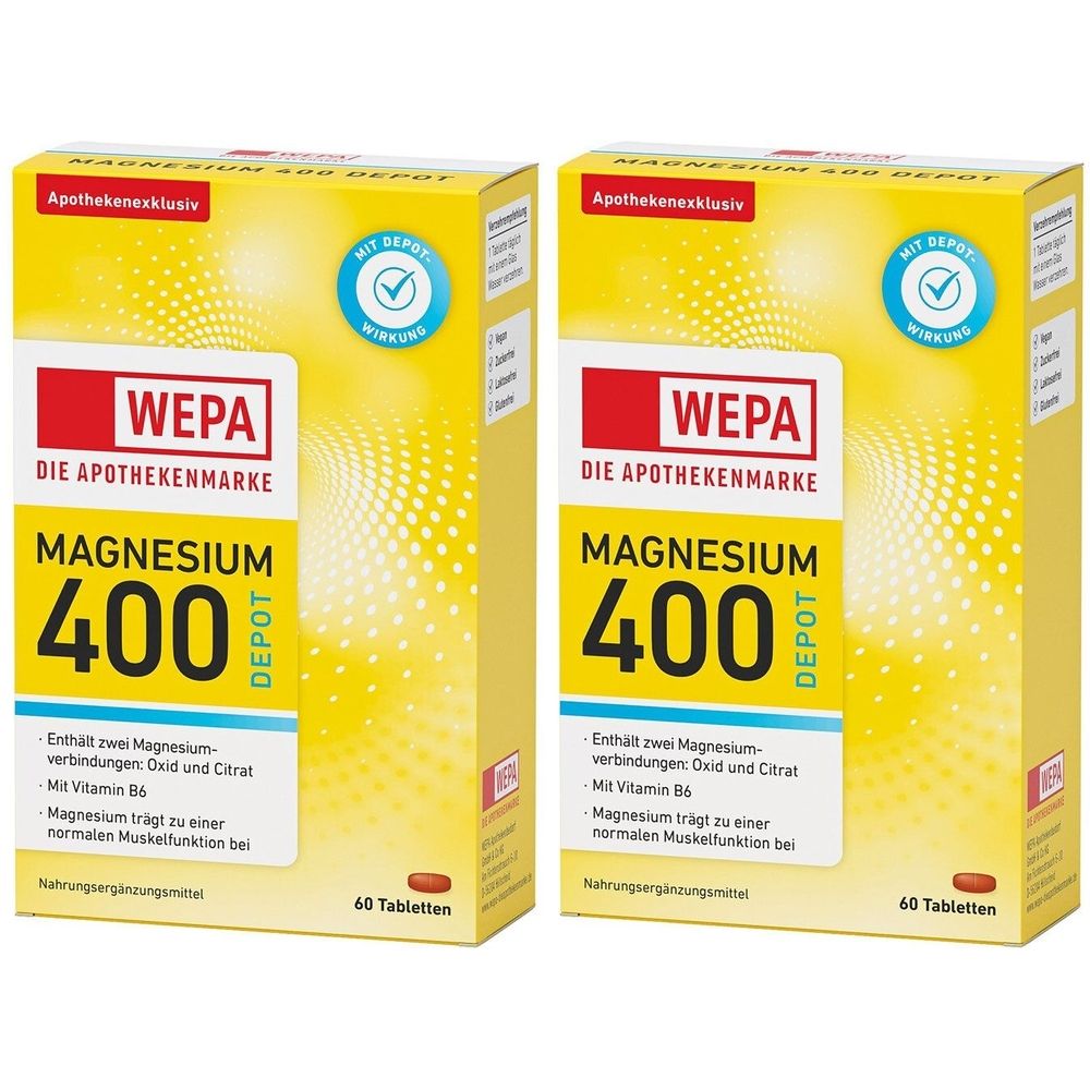 Zwei gelbe Kartons mit "WEPA Magnesium 400 Depot". Aufschrift: "Apothekenexklusiv", "60 Tabletten". Blaue Kreise mit "Mit Depot Wirkung".