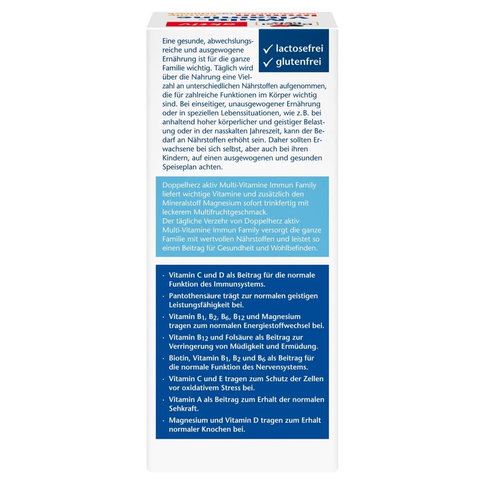 Rückseite der Packung mit Nährwertangaben und Zusammensetzung von Doppelherz® aktiv Multi-Vitamine Immun Family.