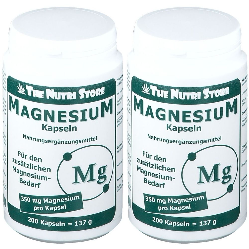Zwei weiße Flaschen mit grünem Etikett. Aufschrift: The Nutri Store Magnesium Kapseln. Enthält 350 mg Magnesium pro Kapsel. 200 Kapseln.