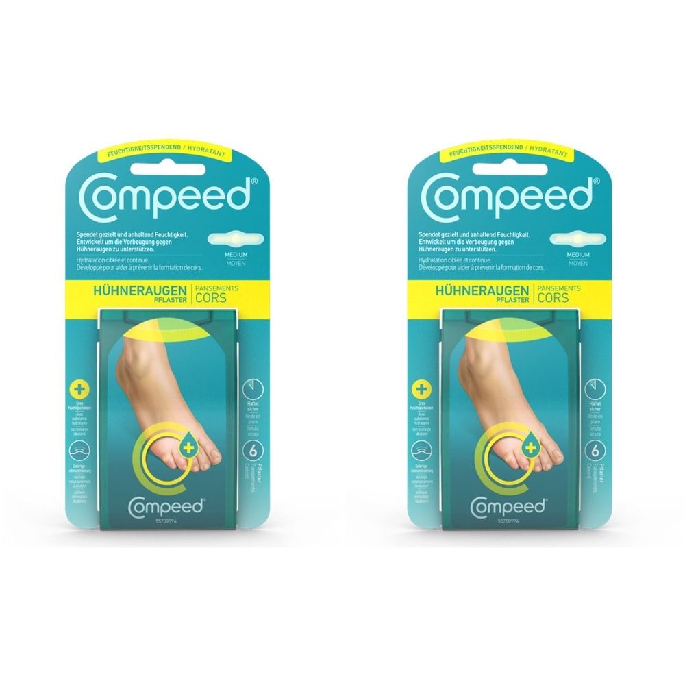 Zwei Packungen Compeed® Hühneraugenpflaster. Grün-gelbe Verpackung mit Fußabbildung und Produktnamen.