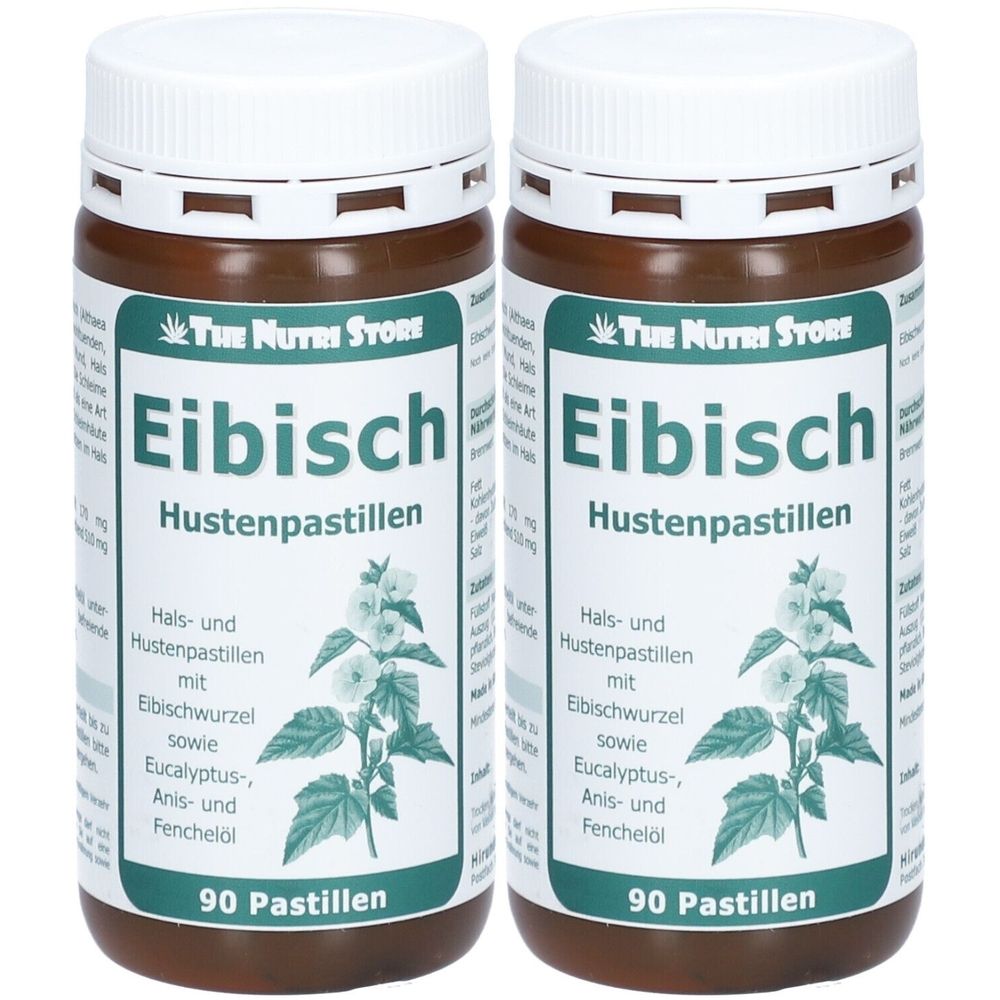 Zwei braune Flaschen mit weißen Deckeln. Aufschrift: Eibisch Hustenpastillen, 90 Pastillen. Enthält Eibischwurzel, Eucalyptus, Anis- und Fenchelöl.