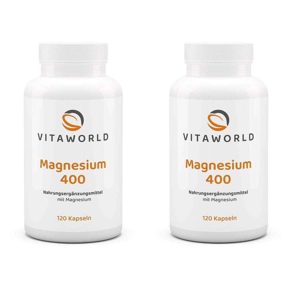 Zwei weiße Flaschen mit Schraubverschluss. Aufschrift: VITAWORLD, Magnesium 400, Nahrungsergänzungsmittel mit Magnesium, 120 Kapseln.
