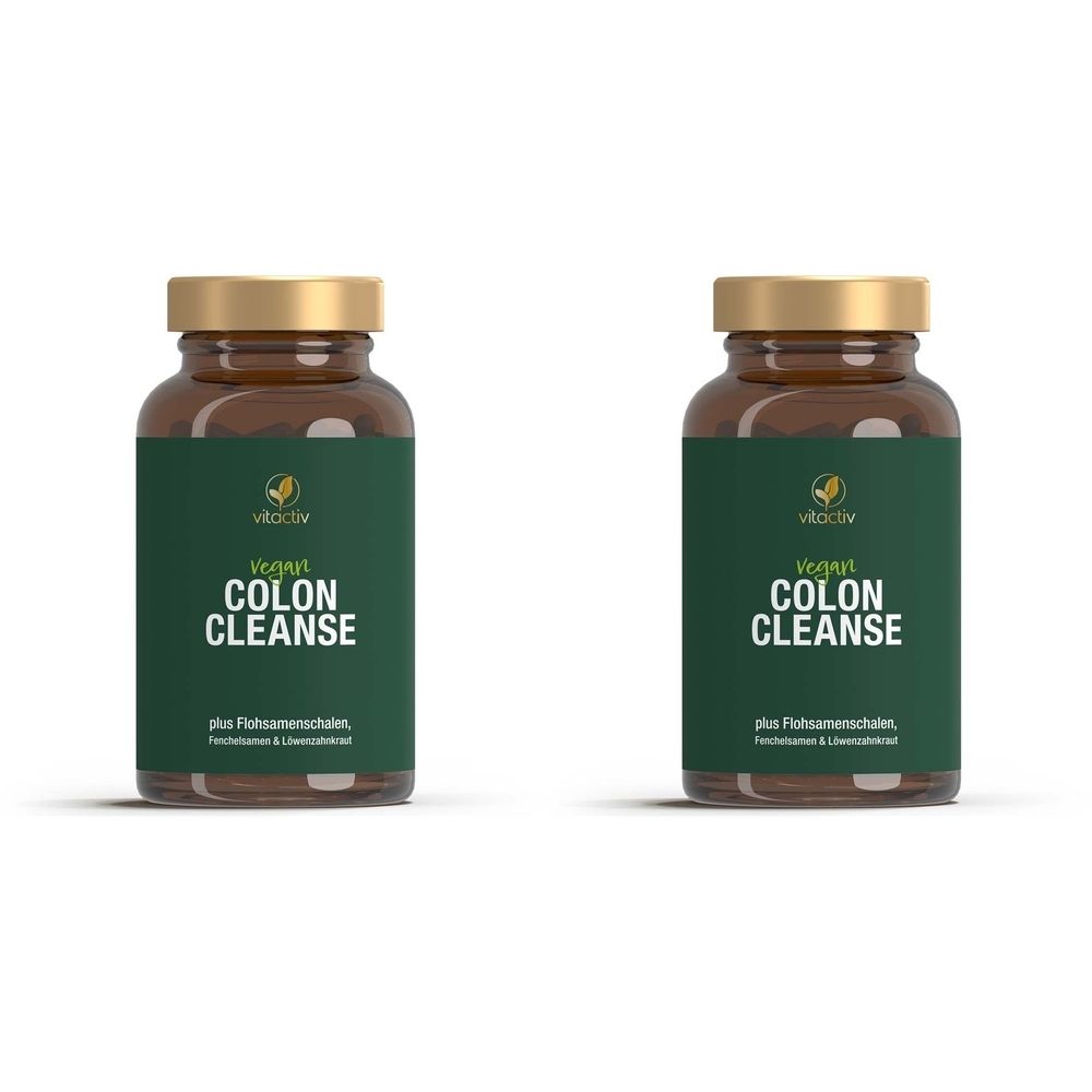 Zwei braune Glasflaschen mit goldenen Deckeln. Auf den grünen Etiketten steht "Vegan COLON CLEANSE".