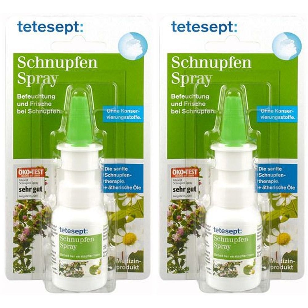 Zwei Sprays in Blisterverpackung. Weißes Fläschchen mit grünem Sprühkopf. Aufschrift: tetesept Schnupfen Spray. Oben: grüne Verpackung.