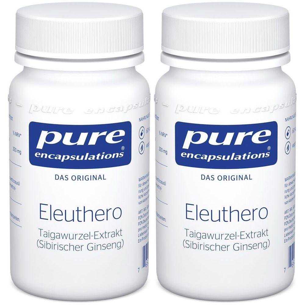 Zwei weiße Flaschen mit blauen Etiketten. Aufschrift: pure encapsulations, Eleuthero, Taigawurzel-Extrakt.