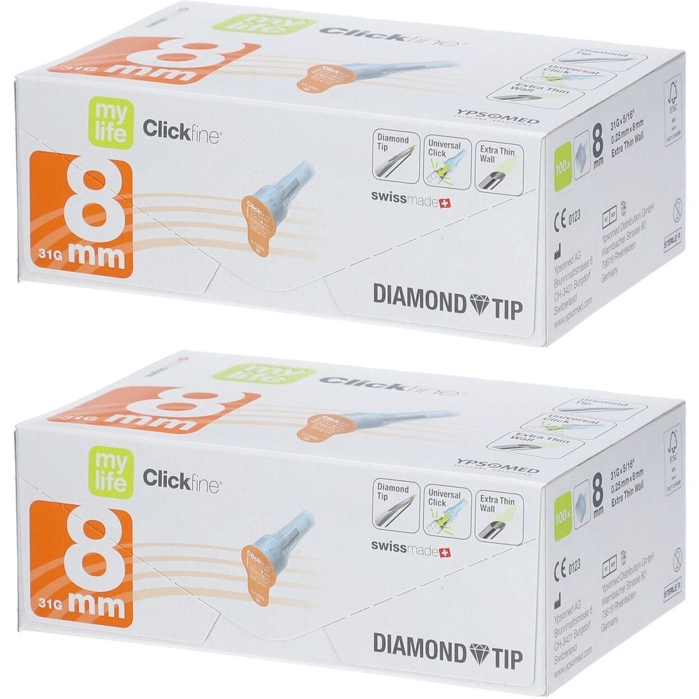 Zwei Kartons mit Kanülen. Aufdruck: mylife Clickfine 8 mm, Diamond Tip. Schweizer Qualität.