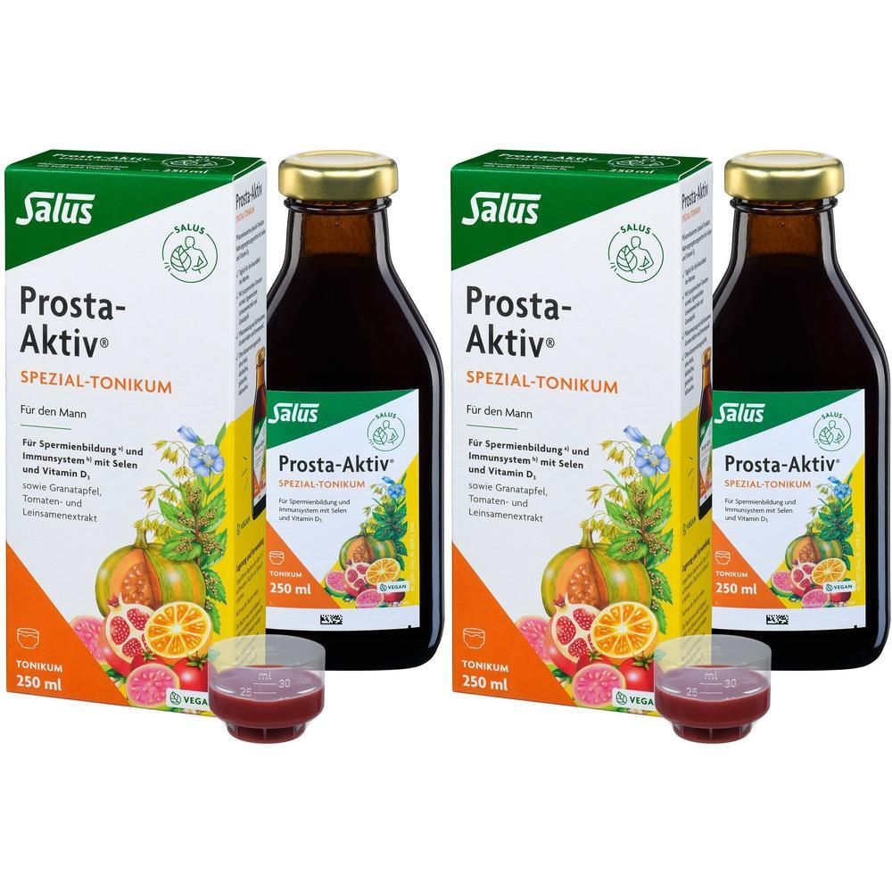 Zwei Flaschen Salus Prosta-Aktiv Spezial-Tonikum mit Messbechern. Braune Glasflaschen mit Etikett und Kartonverpackung.