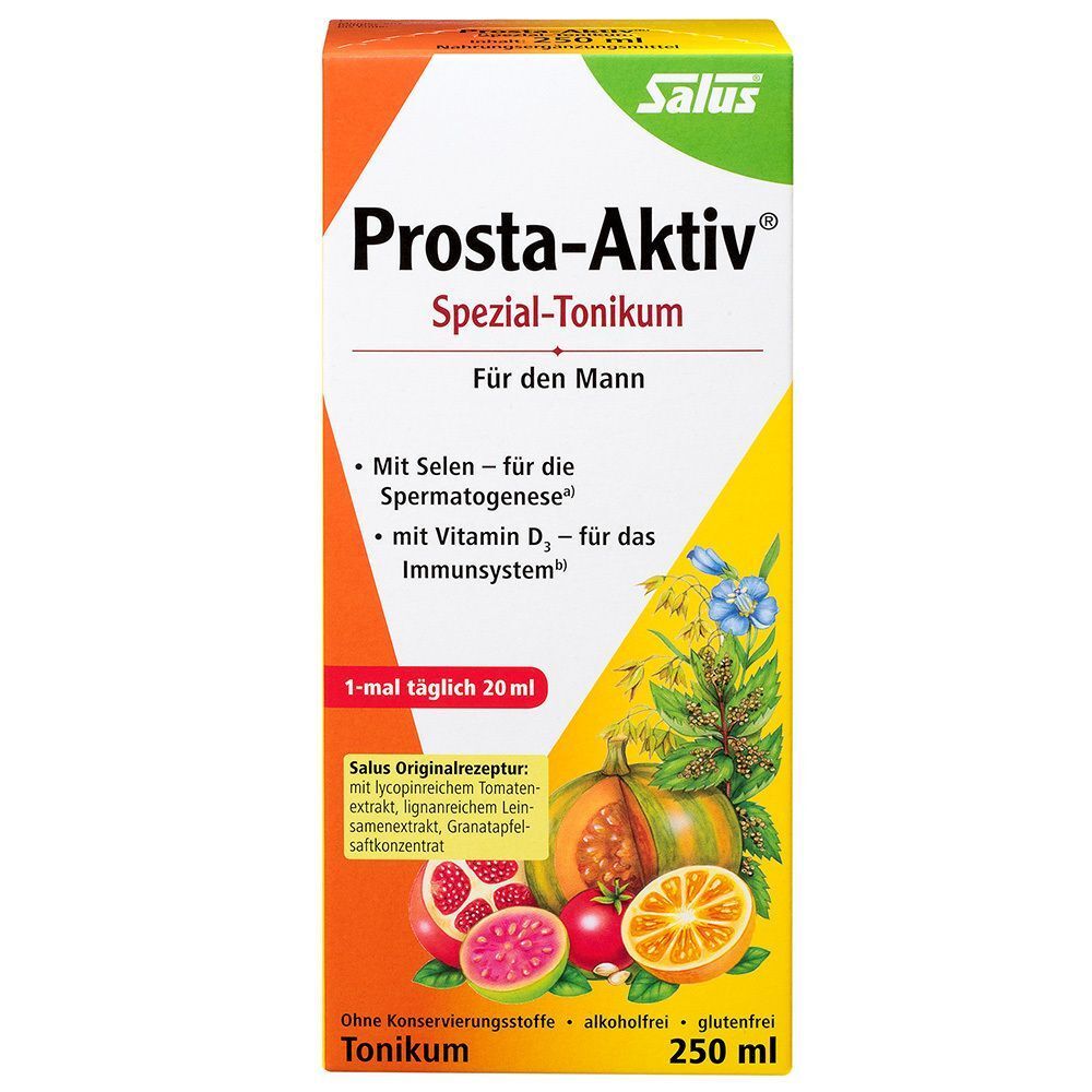 Kartonverpackung von Salus Prosta-Aktiv Spezial-Tonikum für den Mann. Mit Abbildung von Früchten und Getreide.