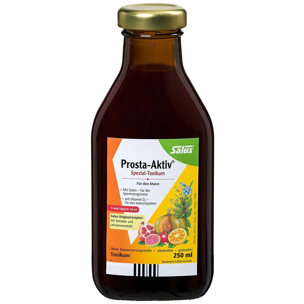 Flasche Salus Prosta-Aktiv Spezial-Tonikum. Braunes Glas mit Etikett und goldfarbenem Deckel. 250 ml.