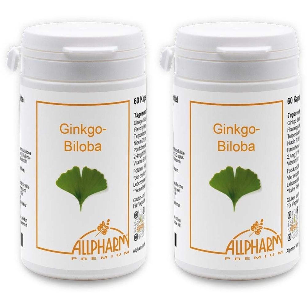 Zwei weiße Pillendosen mit Ginkgo-Biloba-Kapseln. Aufschrift: Ginkgo-Biloba, Allpharm Premium. 60 Kapseln.