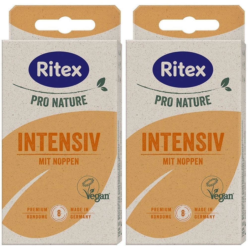 Zwei Packungen Ritex Pro Nature Intensiv Kondome. Aufschrift: Intensiv mit Noppen, Vegan, 8 Kondome. Hergestellt in Deutschland.