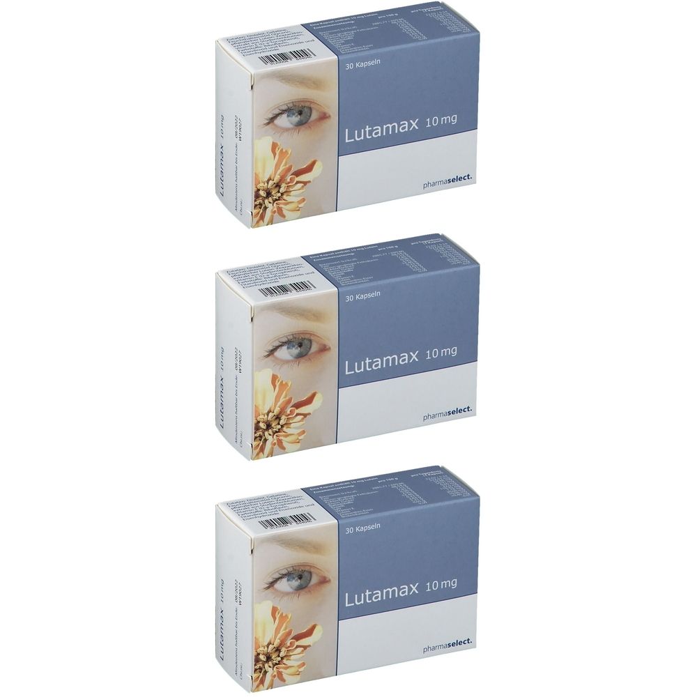 Drei Schachteln Lutamax 10 mg. Blaue und weiße Verpackung mit Augenmotiv und floralem Element. Schriftzug 'Lutamax 10 mg'.