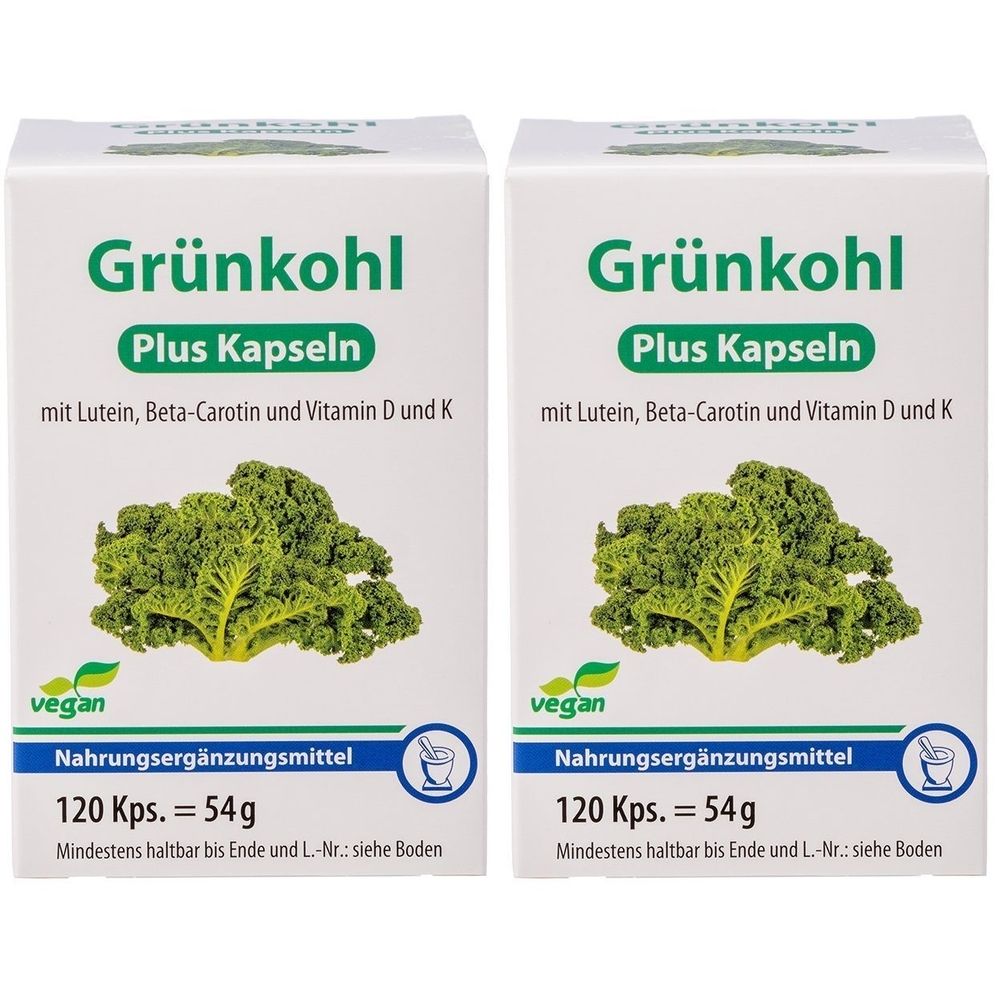 Zwei weiße Kartons mit der Aufschrift "Grünkohl Plus Kapseln". Enthält Lutein, Beta-Carotin, Vitamin D und K. Vegan. 120 Kps. = 54g.
