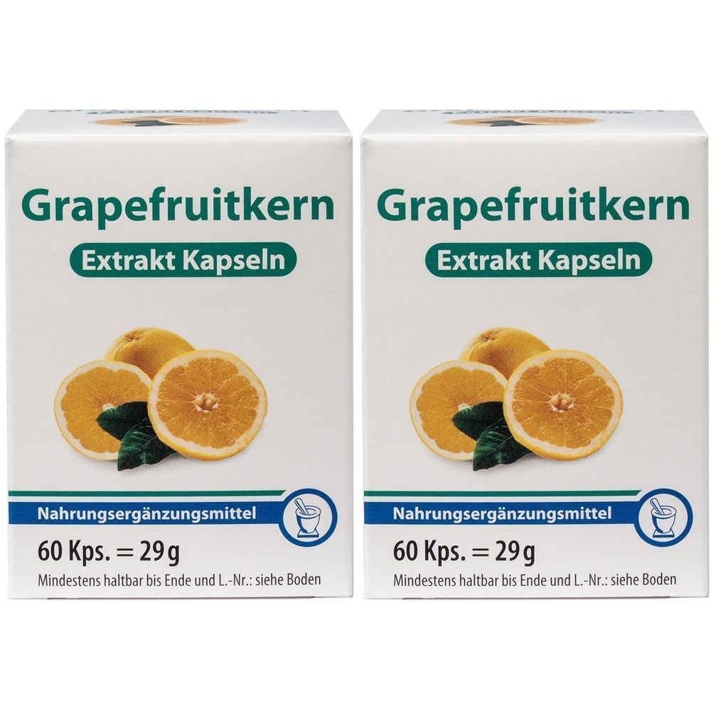Zwei identische weiße Kartons mit Aufschrift "Grapefruitkern Extrakt Kapseln". Abbildung von Grapefruit-Scheiben.