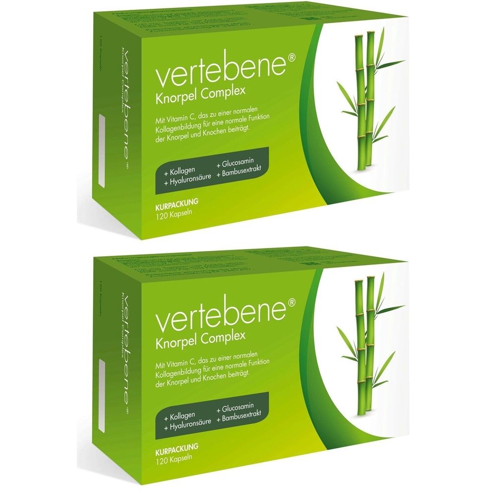 Zwei grüne Schachteln mit "vertebene Knorpel Complex"-Logo. Aufschrift: "Mit Vitamin C". Enthält Kollagen, Hyaluronsäure, Glucosamin, Bambus.
