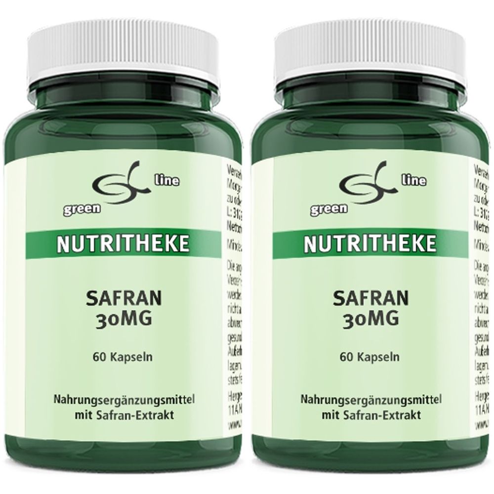 Zwei grüne Flaschen mit weißen Deckeln. Aufschrift: green line NUTRITHEKE Safran 30MG, 60 Kapseln. Nahrungsergänzungsmittel mit Safran-Extrakt.