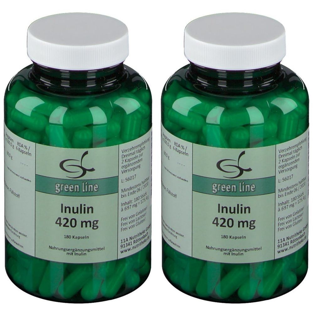 Zwei grüne Flaschen mit weißen Deckeln. Aufschrift: green line Inulin 420 mg. Enthält 180 Kapseln. Nahrungsergänzungsmittel.
