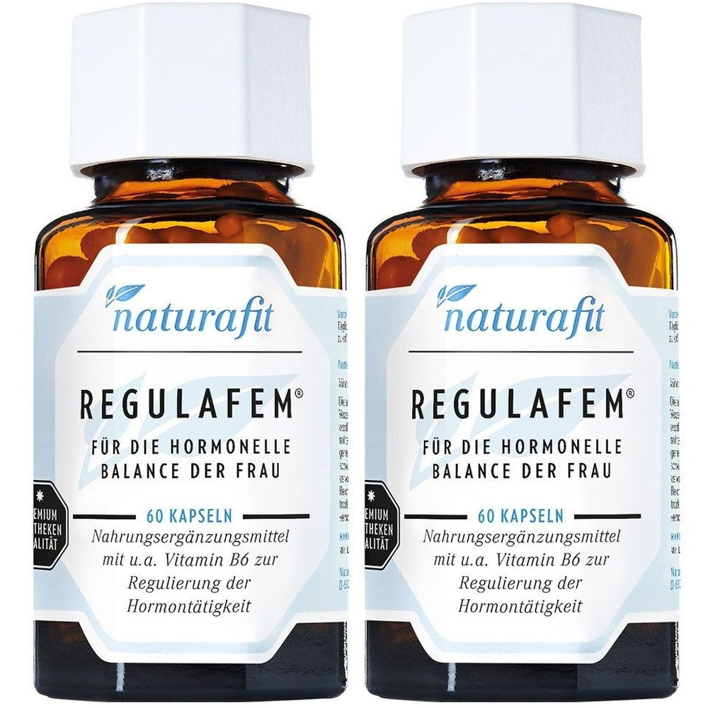 Zwei braune Glasflaschen mit weißen Deckeln. Auf den Etiketten steht "naturafit REGULAFEM" und weitere Informationen.