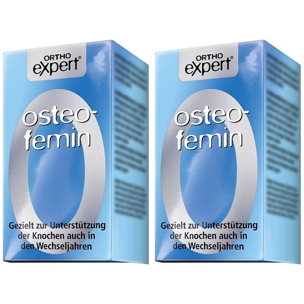 Zwei blaue Schachteln mit "ORTHO expert osteo-femin"-Logo. Text: "Gezielt zur Unterstützung der Knochen auch in den Wechseljahren".