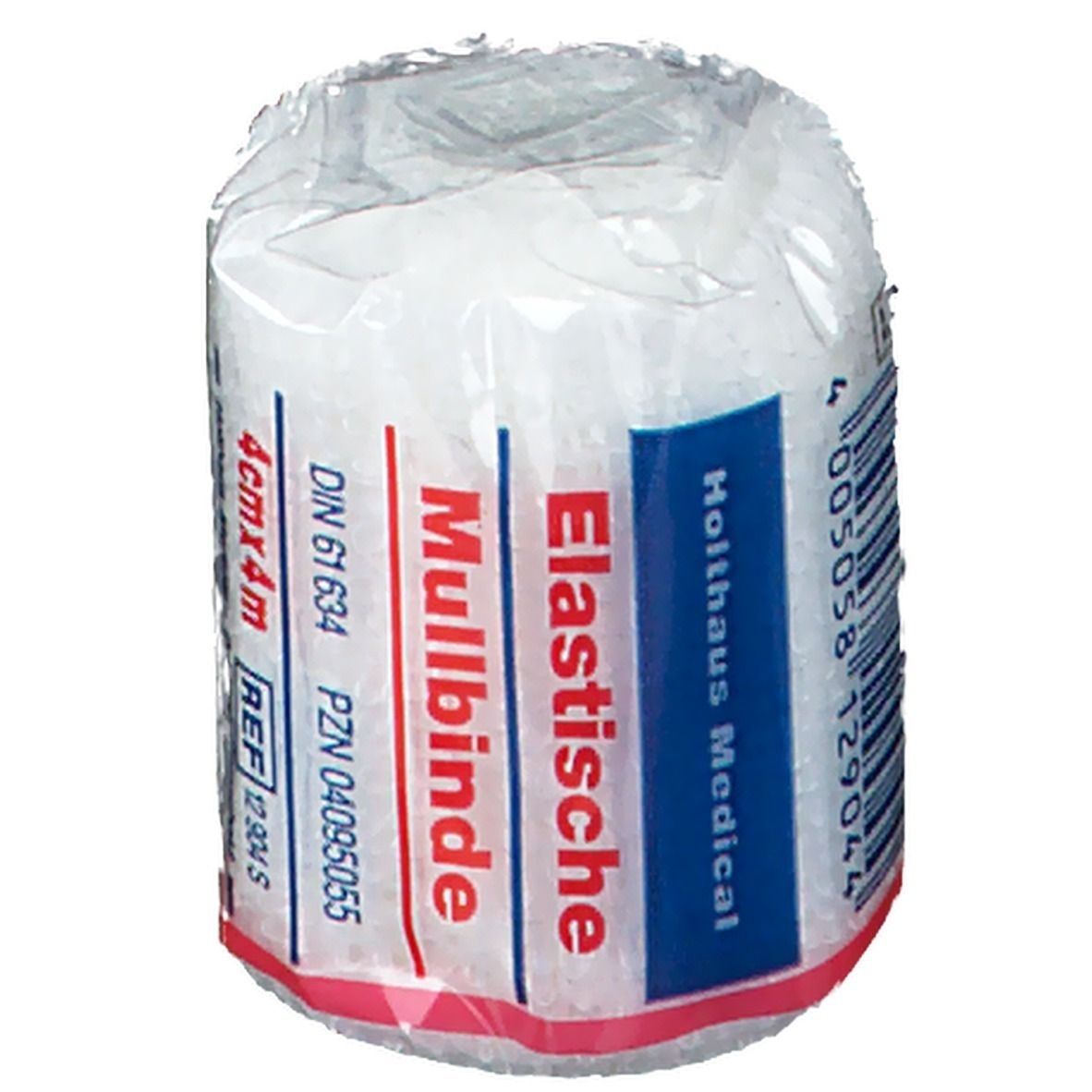 Elastische Mullbinde, 4 cm x 4 m, in Folie verpackt. Aufschrift: Elastische Mullbinde, Holthaus Medical, DIN 61634, PZN 04095055.