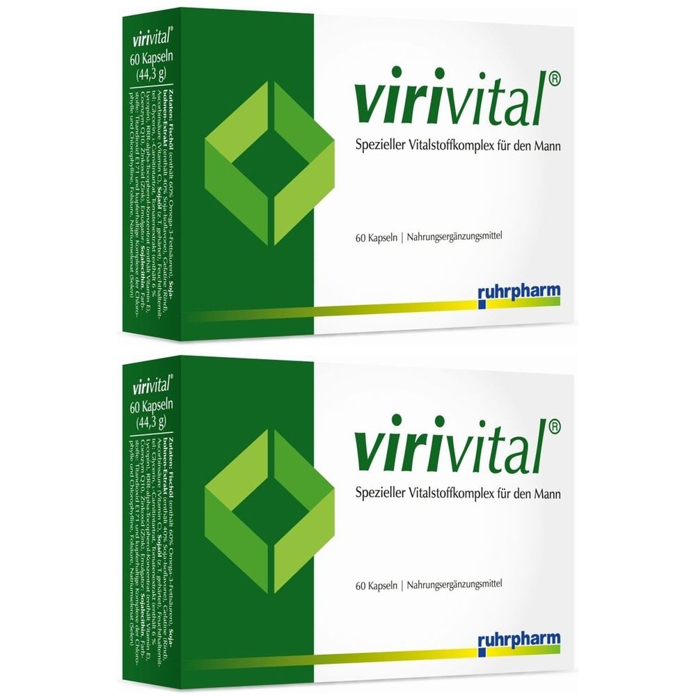 Zwei Schachteln virivital®. Weiße Verpackung mit grünem Logo und Text. Enthält 60 Kapseln. Marke ruhrpharm.
