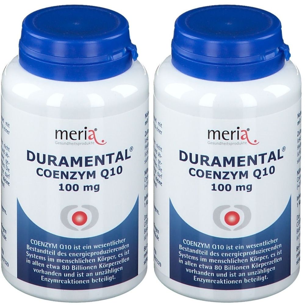 Zwei weiße Flaschen mit blauem Deckel. Aufschrift: DURAMENTAL Coenzym Q10, 100 mg. Marke: meria. Text in deutscher Sprache.