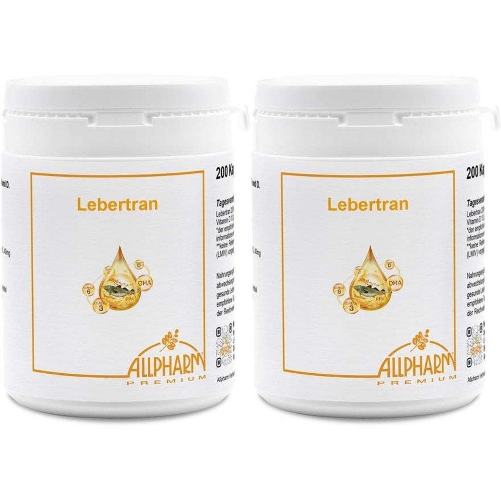 Zwei weiße Dosen mit Etikett. Aufschrift "Lebertran" und Logo. Goldfarbene Tropfen-Illustration. Marke: ALLPHARM PREMIUM.