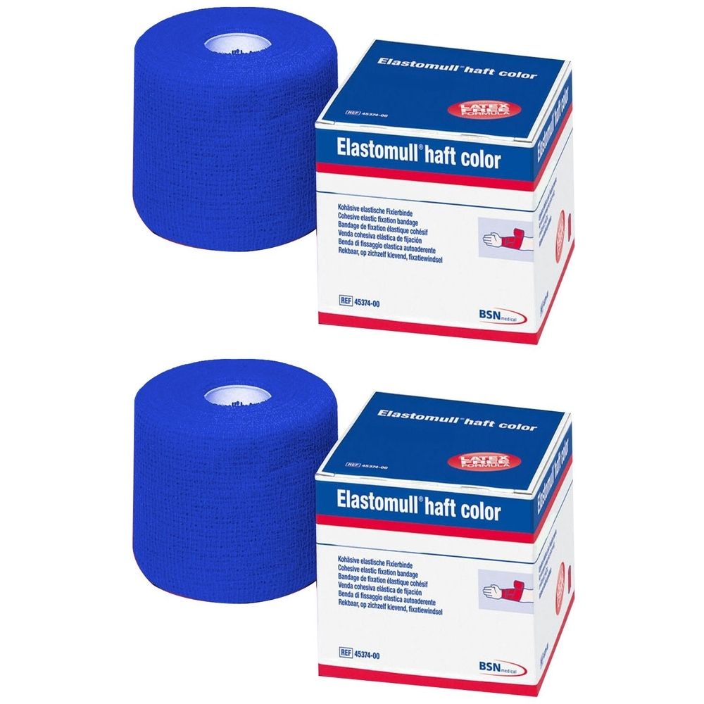 Zwei Rollen blaues Elastomull® haft color, neben zwei Verpackungen. Aufschrift: Elastomull® haft color. Marke: BSN.